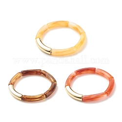 3Pcs 3 Color Imitation Gemstone Acrylic Curved Tube Beaded Stretch Bracelets Set, Chunky Bracelets for Women, Mixed Color, Inner Diameter: 2-1/8 inch(5.3cm), 1Pc/color