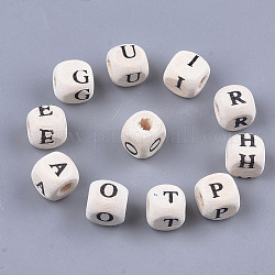 Perles en bois d'érable naturel, trou horizontal, non teint, cube avec la lettre, floral blanc, 7~8x7~8x7~8mm, Trou: 3mm, environ 2500 pcs/500 g