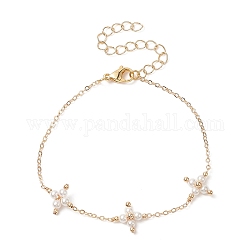Pulsera de eslabones cruzados con cuentas y perlas de concha, joyas de latón para mujer, dorado, 7 pulgada (17.9 cm)