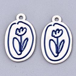 Spray Painted Alloy Pendants,  Cadmium Free & Lead Free, with Royal Blue Enamel, Flower, White, 25x15x1mm, Hole: 2mm