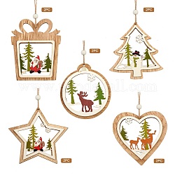 10pcs 5 ornements suspendus en bois de style, avec de la ficelle de jute, pour la décoration de la maison de cadeau de fête, formes mixtes, le thème de Noël, burlywood, 20 cm, 2 pièces / style