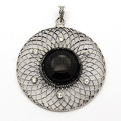 Gemstone Natural Black Agate Big Pendants, with Antique Silver Alloy Rhinestone Findings, Flat Round, 67x60x7mm, Hole: 5x8mm