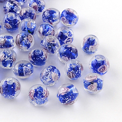 Perles vernissées lumineuses manuelles de fleurs intérieures, ronde, bleu, 9~10mm, Trou: 1~2mm