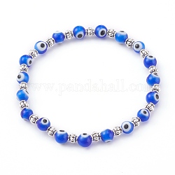 Handmade Round Evil Eye Lampwork Beaded Stretch Bracelets, with Alloy Spacer Beads, Antique Silver, Blue, Inner Diameter: 2 inch(5.2cm)