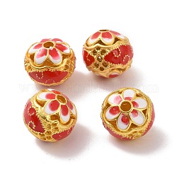 Hohl Legierung Perlen, mit Emaille, Unterlegscheibe mit Blume, mattgoldene Farbe, rot, 14x13 mm, Bohrung: 2.5 mm