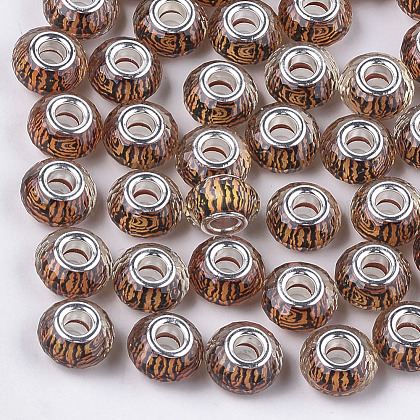 レジンヨーロピアンビーズ  大穴ビーズ  シルバーカラーメッキ真鍮コア付き  多面カット  ロンデル  フラミンゴ模様  ミックスカラー  14x8~8.5mm  穴：4.5~5mm RPDL-S013-11-M-1