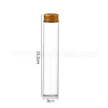 透明なガラスびんビーズコンテナ  アルミキャップ付きスクリュートップビーズ保チューブチューブ  コラム  ゴールドカラー  3x15cm  容量：90ml（3.04fl.oz） CON-WH0085-75I-02-1