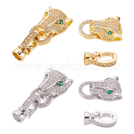 CHGCRAFT 4 pcs 2 Colors Brass Micro Pave Cubic Zirconia Fold Over Clasps Leopard Shaped Animal Fold Over Clasps for Jewelry Making ZIRC-CA0001-11-1