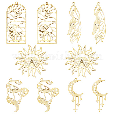 SUNNYCLUE 1 Box 10Pcs Tarot Style Real 18K Gold Plated Stainless Steel Charms Moon Phase Star Charm Mushroom Charms Hand Snake Double Sided Hollow Sun Charm for Jewelry Making Charms DIY Craft Adult STAS-SC0004-49-1