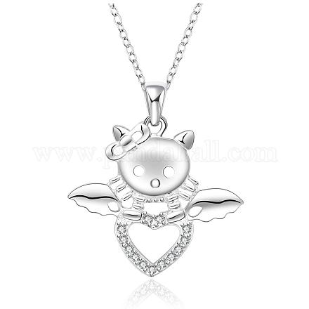Silver Color Plated Brass Cubic Zirconia Kitten Pendant Necklaces NJEW-BB09514-1