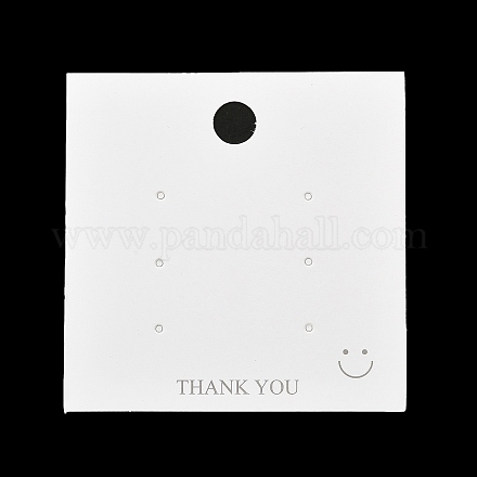 紙のピアスディスプレイカード  笑顔のプリントのイヤリングスタッド用ジュエリーディスプレイカード  ホワイト  正方形  8x8x0.06cm  穴：10mmと1.8mm  約100個/袋 CDIS-F007-01-1