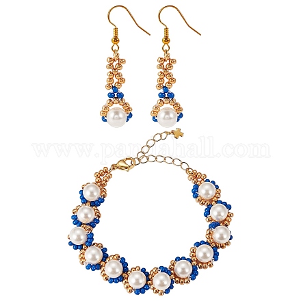 Set di orecchini pendenti con fiori intrecciati con perle di conchiglia e semi di vetro e braccialetti di perline SJEW-SW00006-1