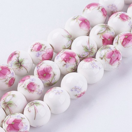 Handmade Flower Printed Porcelain Ceramic Beads Strands PORC-J006-B07-1