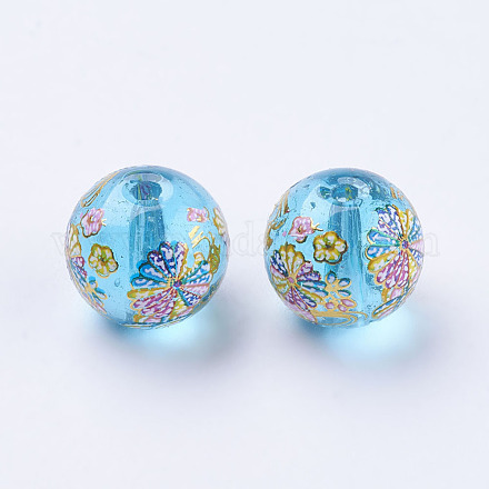Flower Picture Printed Glass Beads GLAA-E399-10mm-D02-1