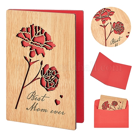 模様木製グリーティングカードとクラスパイア長方形  赤い紙の内側のページ  長方形の白紙封筒付き  ローズ模様  木製グリーティングカード：1個  封筒：1個 DIY-CP0006-75E-1