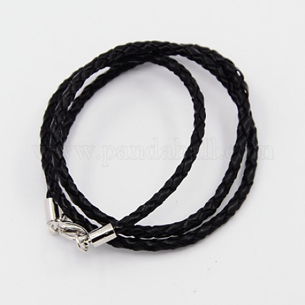 ネックレス作りのための編みこみの革コード  真鍮製のロブスター留め金付き  ブラック  18.1インチ  3mm NCOR-D002-17A-1