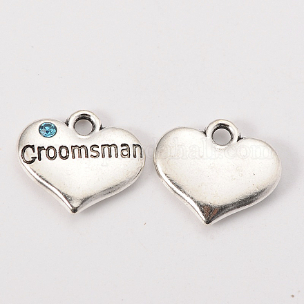 Wedding Theme Antique Silver Tone Tibetan Style Heart with Groomsman Rhinestone Charms TIBEP-N005-02A-1