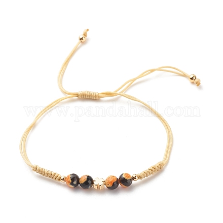 Bracciale in corda di agata naturale e trifoglio di ottone con perline BJEW-JB08366-01-1