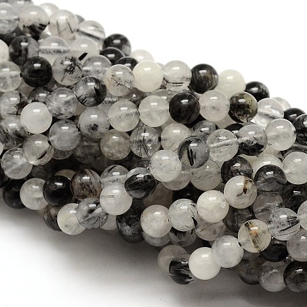 Natural Gemstone Black Rutilated Quartz Round Beads Strands G-E251-30-14mm-1