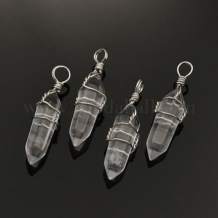Faceted Bullet Platinum Plated Brass Quartz Crystal Double Terminated Pointed Pendants G-J265-15-1