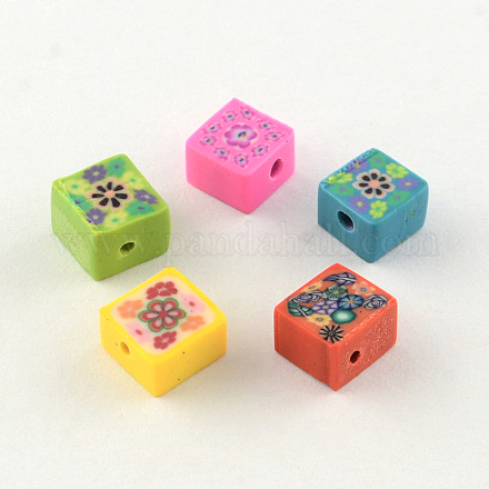 Handmade Square with Flower Polymer Clay Beads CLAY-R060-95-1