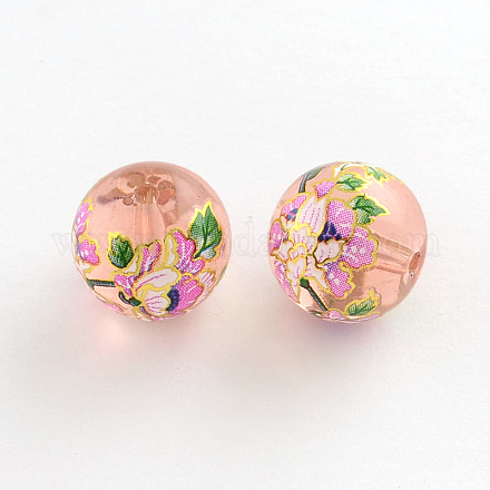 Flower Picture Frosted Glass Round Beads GFB-R004-14mm-T13-1