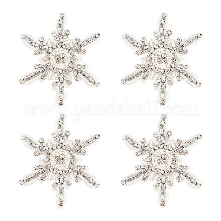FINGERINSPIRE 4 Pcs Snowflake Rhinestone Beaded Patches Sew on White Snowflake Glass Rhinestone Appliques Cloth Handicraft Beaded Patches Arts Crafts DIY Decor Costume Hat Bag Ornament Accessories PATC-FG0001-41-1