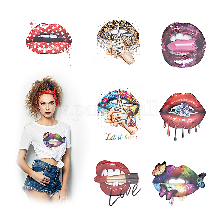 Hobbiesay 7 pièces 7 style lèvre avec signe de paix/imprimé léopard/papillon fer sur décalcomanies DIY-HY0001-51-1