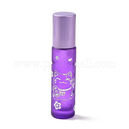 ガラスエッセンシャルオイルローラーボトル  ふたとステンレス鋼のローラーボールが付いている  詰め替え可能なボトル  幸運の猫の模様と中国語の文字の列  紫色のメディア  2x8.6cm  穴：9.5mm  容量：10ml（0.34fl.oz） MRMJ-M002-02B-06-1