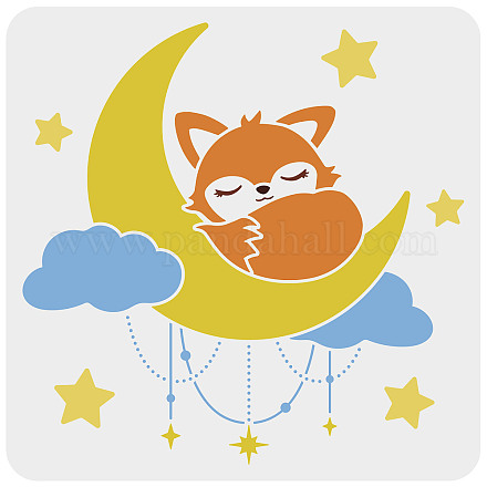 FINGERINSPIRE Moon Fox Stencil 30x30cm Large Cute Animals Stencil Fox Sleeping On The Moon Reusable Stars Clouds Pendants Craft Stencils for Painting on Wood Wall Fabric Home Decor DIY-WH0172-933-1