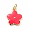 Rack Plating Brass Enamel Charms, with Jump Rings, Cadmium Free & Lead Free, Real 18K Gold Plated, Flower, Cerise, 14.5x12x1.3mm, Hole: 3.3mm