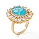Deep Sky Blue Glass Oval Adjustable Ring with Cubic Zirconia RJEW-J017-VC498-4