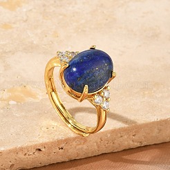 Bagues manchette ouvertes en laiton serties de micro-pavés de zirconiums cubiques et de lapis-lazuli naturel&nbsp;RJEW-T035-01G-B