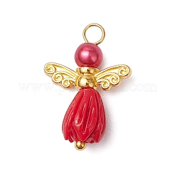 Perline di fiori di resina opaca con perline rotonde di perle di vetro e perline di ali di fata in lega in stile tibetano e perni con testa a sfera in ottone pendenti&nbsp;PALLOY-JF03594-01