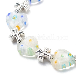 Bracciale elasticizzato con perline incrociate a forma di cuore e lega millefiori fatto a mano da donna&nbsp;BJEW-JB08685