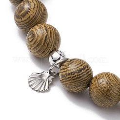 Bracelet extensible en perles rondes en bois naturel avec breloques en acier inoxydable 304&nbsp;BJEW-JB10164