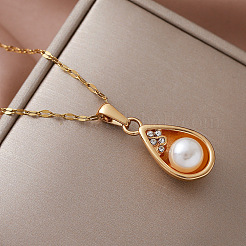 Colliers vintage pour femmes avec pendentif en forme de larme en acier inoxydable 304 et perles d'imitation.&nbsp;BR9499