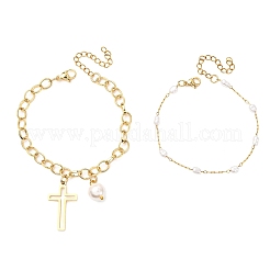 2 set di 2 bracciali con maglie in acciaio inossidabile chirurgico 316 e perle finte in plastica e braccialetti con ciondoli in acciaio inossidabile 304 per donna&nbsp;BJEW-JB12423