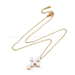 Collane con ciondolo a croce in acciaio inossidabile 304 e plastica con perle finte per le donne&nbsp;NJEW-U032-15G