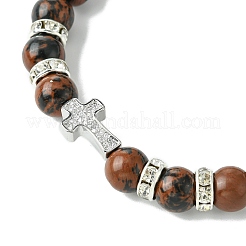 Braccialetti elasticizzati da donna con micro pavé di zirconi cubici trasparenti e braccialetti elasticizzati rotondi con perline di ossidiana di mogano naturale da 8 mm&nbsp;BJEW-JB10819-02