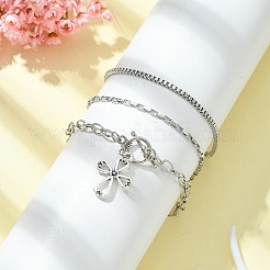 3 Stück 3 Stil 316 chirurgischer Edelstahl Box & venezianische Kette Armband Set mit Kreuzanhängern&nbsp;BJEW-FS0001-07