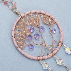 Scaglie di quarzo rosa naturale piatte rotonde con decorazioni pendenti dell'albero della vita&nbsp;LS-TREE-PW0003-16