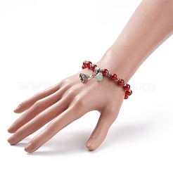 Cornaline d'agate rouge naturelle (teinte et chauffée) et bracelet extensible en aventurine verte avec breloque en alliage d'arbre de Noël&nbsp;BJEW-TA00124