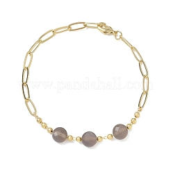 Pulseras de cadena de latón con cuentas planas redondas facetadas de ágata gris natural y cierre de clip.&nbsp;GG-CBA37F5-02G-05