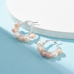 Orecchini a cerchio da donna con perline avvolti in filo di perle naturali&nbsp;EJEW-JE04759-01