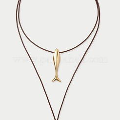 Collar largo con colgante de pez de acero inoxidable 304 con cordón de cuero para mujer.&nbsp;WG28216-01