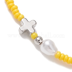 5 Stück Stretch-Armband aus Glasperlen mit Messingkreuz und Imitationsperle&nbsp;BJEW-MZ00300