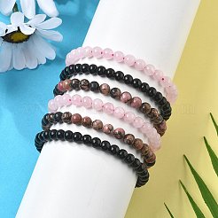 3 pièces 3 style rhodonite naturelle & agate noire & quartz rose ensemble de bracelets extensibles perlés ronds&nbsp;PW23030761414