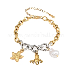 Zweifarbige Armbänder mit Meeresmotiven aus Edelstahl 304 und Imitationsperlen für Damen&nbsp;SA-CBA717A-06G-02