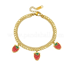 Pulseras de una sola hebra de acero inoxidable 304 con dije de fresa roja esmaltada para mujer&nbsp;WG018B1-01